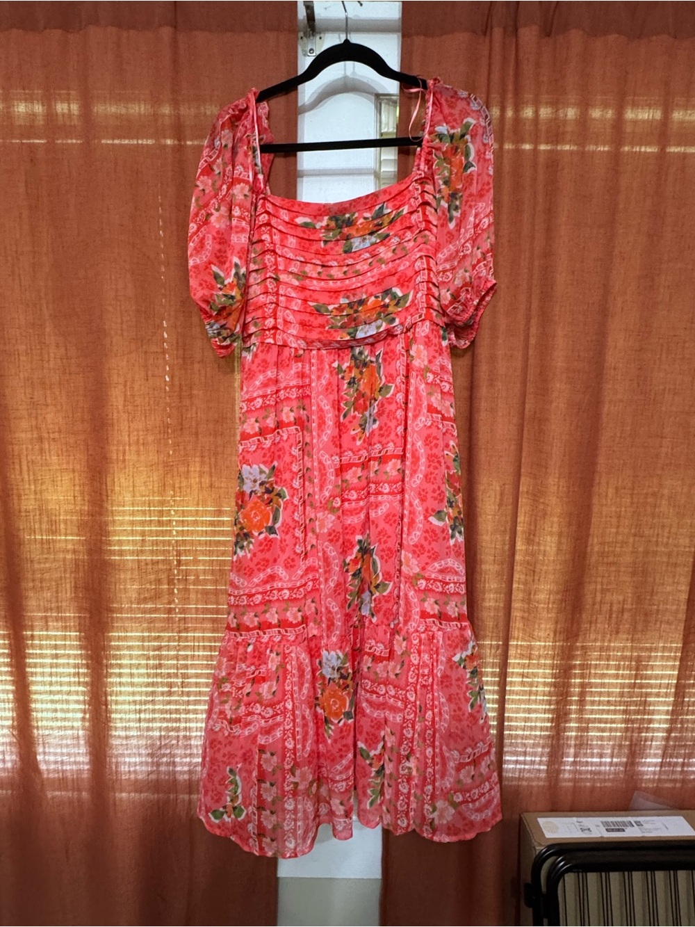 LC Lauren Conrad Coral Pink Floral Tiered Midi Dress
